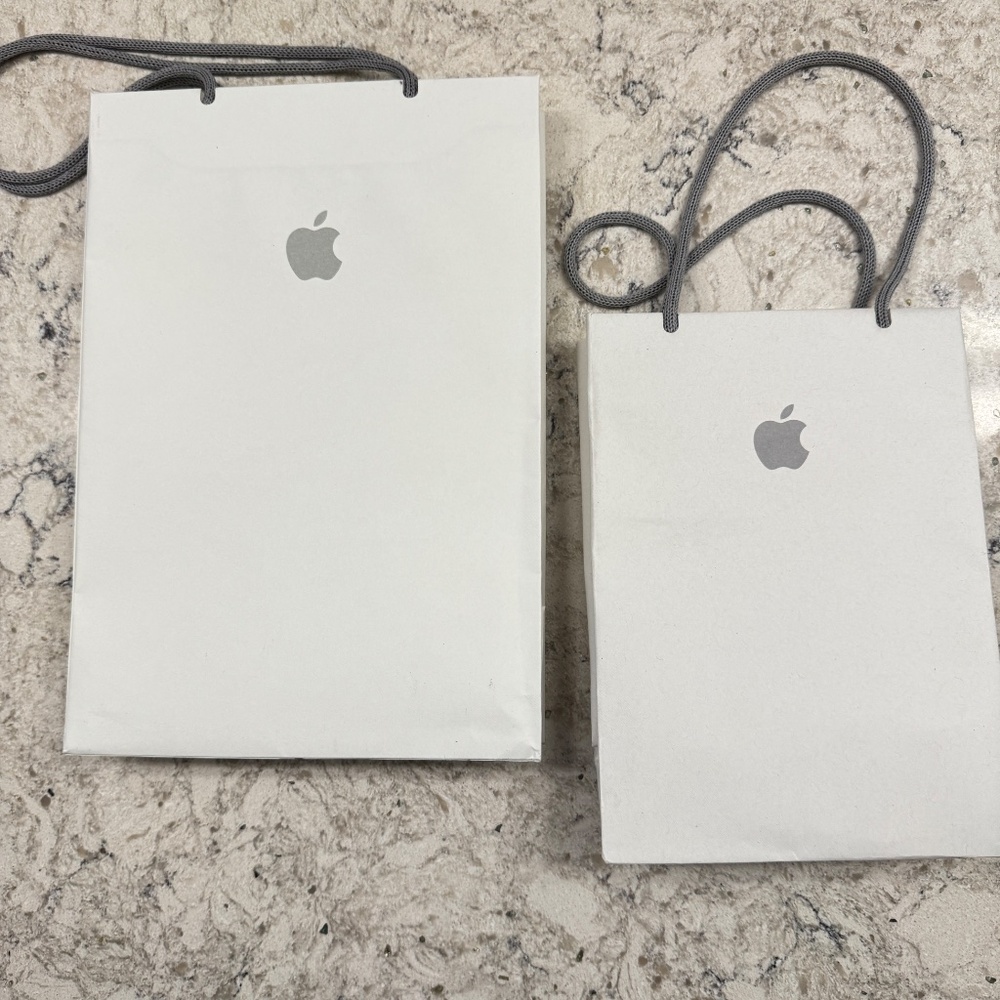 Apple Bundle 2 White Gray Sturdy Matte Paper Gift Shopping Baag Empty tote bag - Picture 3 of 7